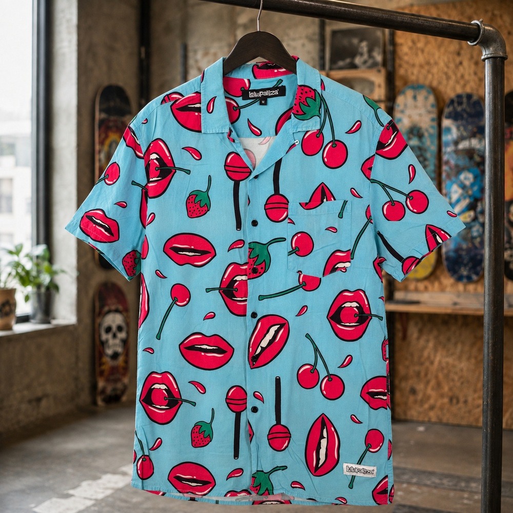 Lollapalooza Lips Cherries Button Up Shirt Blue Pop Art Streetwear Mens Size M